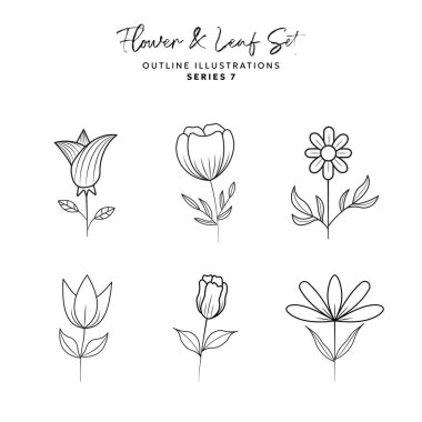 Logo Renklendirme Süslemesi için Çiçek ve Yaprak veya Çiçek El Çizimi EPS Vektörü