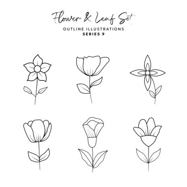 Logo Renklendirme Süslemesi için Çiçek ve Yaprak veya Çiçek El Çizimi EPS Vektörü