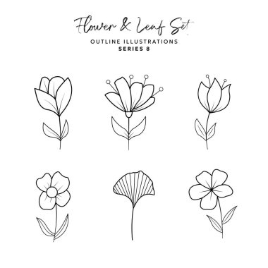 Logo Renklendirme Süslemesi için Çiçek ve Yaprak veya Çiçek El Çizimi EPS Vektörü