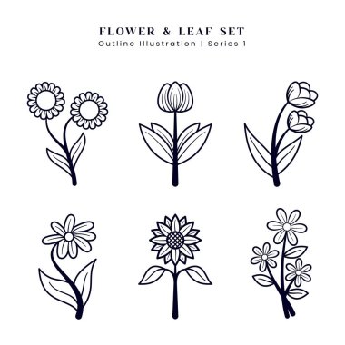 Logo Renklendirme Süslemesi için Çiçek ve Yaprak veya Çiçek El Çizimi EPS Vektörü