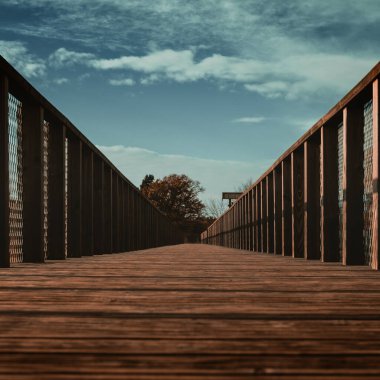 Tahta yolu takip et, her adımın kırsal dinginlik ve doğal harikalar yolculuğuna götürdüğü yolu. Mavi gökyüzü.