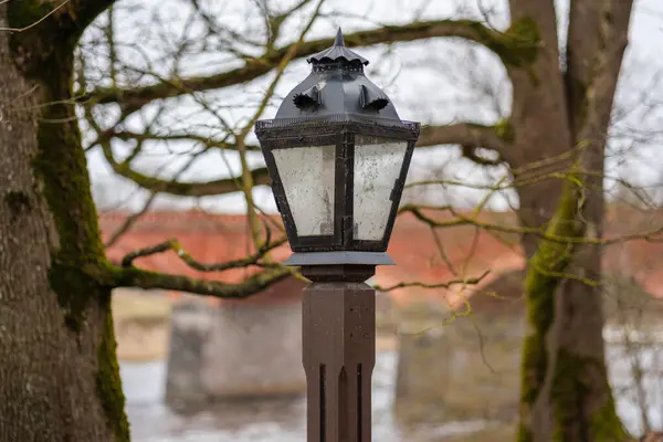 In the quiet of the night, the solitary lantern softly illuminates the cobblestone paths of Kuldiga, guiding wanderers with its gentle light.