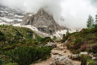 Görkemli Dolomite zirvesinin büyüleyici manzarası huzur dolu Lago di Sorapis 'e giden yürüyüş yolunda gözler önüne seriliyor..