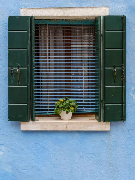 stock image The soft light blue window exudes a tranquil charm, blending harmoniously with the serene atmosphere of Burano.