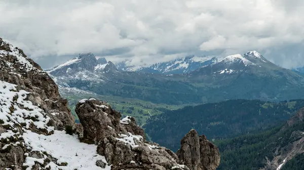 stock image From the Cir Group hiking trail, marvel at the expansive mountain views that showcase the rugged beauty of the Dolomites