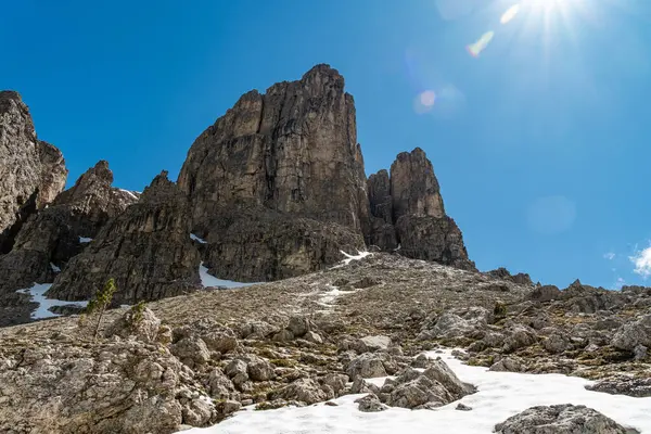 stock image Immerse yourself in the alpine beauty of the Dolomites from the Sella Group trail, where each step reveals a breathtaking landscape of rugged peaks and serene valleys