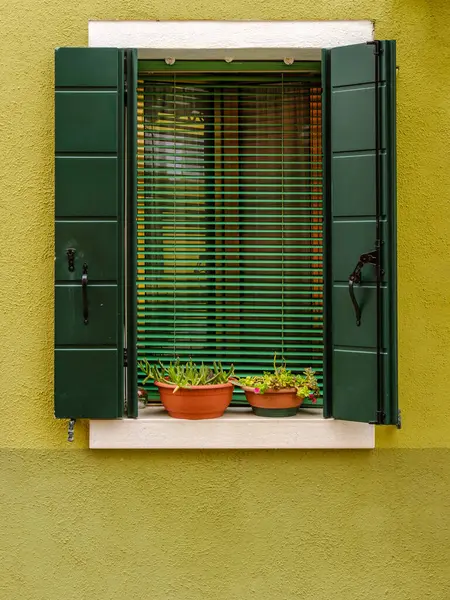 stock image A refreshing yellow and green window brings a lively and vibrant touch to Burano's picturesque facades.