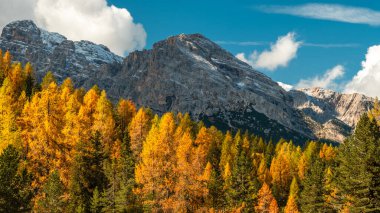 Dolomite dağları sonbahar dokunuşunun ateşli güzelliğiyle parıldıyor.