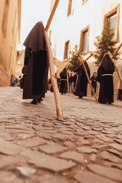 Penitents Backs Nadir Plane Walking Wooden Cross Shoulders Stone Street — Stock Photo, Image