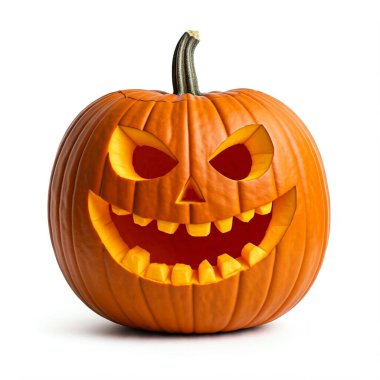 Beyaz arka planda izole edilmiş korkunç bir yüzü olan Cadılar Bayramı balkabağı..