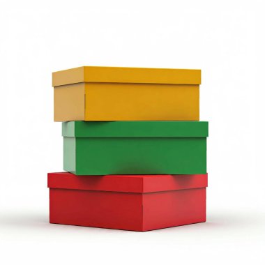 Beyaz arka planda izole edilmiş renkli karton kutular. 3d resimleme.