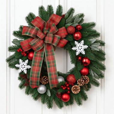 Kırmızı ve beyaz süslemeli Noel çelengi, Noel ağacı ve beyaz arkaplanda köknar dalları