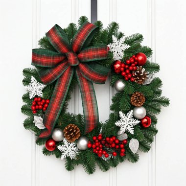 Beyaz ahşap zemin üzerinde Noel çelenk.