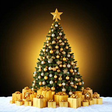 Noel ağacı ve siyah arka planda hediye kutuları. 3d oluşturma.