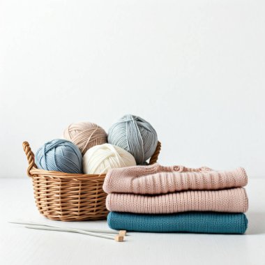 Masada örülmüş giysiler yığını var.