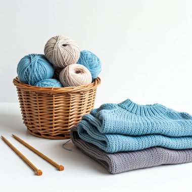 Beyaz zemin üzerinde iplik ve örgü iğneleri olan bir sepet.