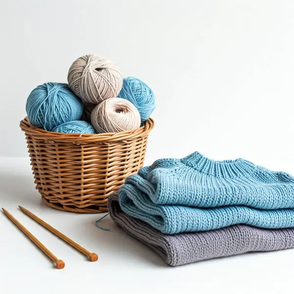 Beyaz zemin üzerinde iplik ve örgü iğneleri olan bir sepet.