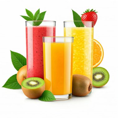 Beyazlar üzerinde izole edilmiş taze meyve ve meyve suları