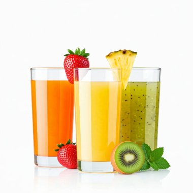 Beyaz arka planda lezzetli taze meyve suyu ve meyveler.