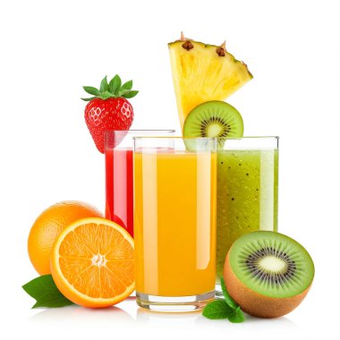 Bir bardak taze portakal suyu ve beyaz arka planda meyveler.