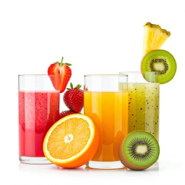 Beyaz arkaplanda izole edilmiş taze meyve suları