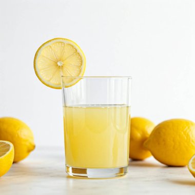 Bir bardak limonlu limonata ve beyaz arka planda buz.