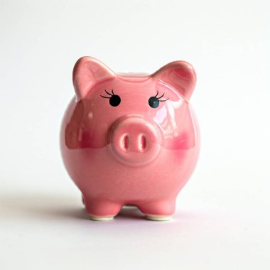 Beyaz arka planda izole edilmiş madeni paraları olan kumbara.