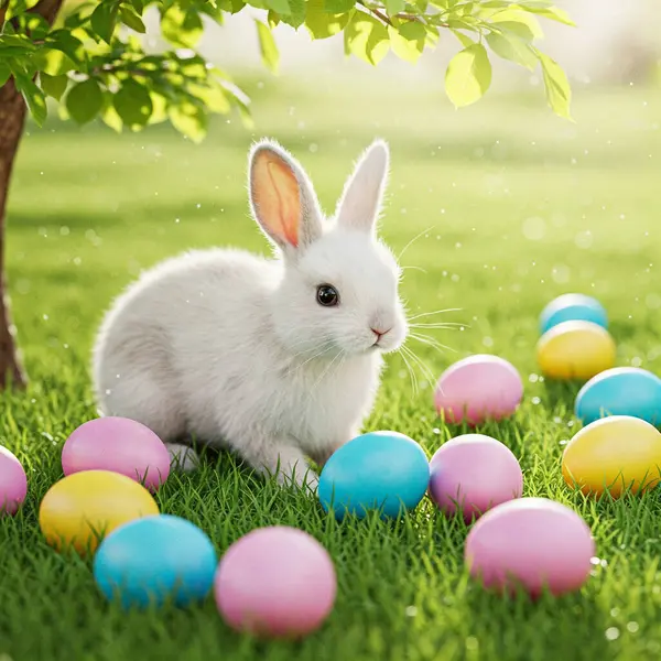 Paskalya tavşanı yeşil çimlerde oturuyor bahar bahçesinde paskalya yumurtaları, yakın plan.