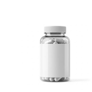 Beyaz arka planda izole edilmiş beyaz şişedeki cam haplar. ilaç.