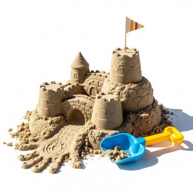 Kumsalda oyuncakları olan kumdan kale.