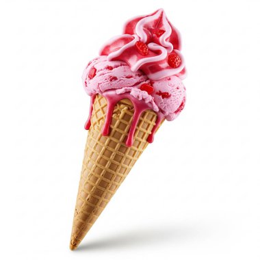 Çilekli dondurma waffle koni beyaz arka plan üzerinde izole