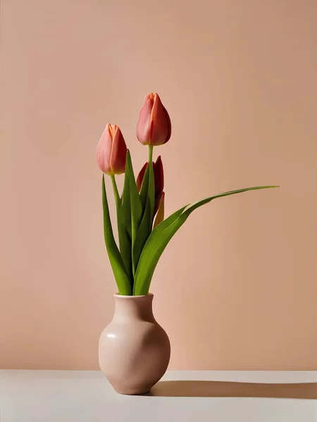 An empty table with a solitary vase showcasing a vibrant tulip, symbolizing simplicity and elegance in its graceful bloom, bringing a touch of nature to the scene.