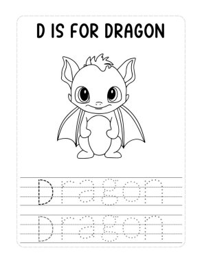 Küçük sevimli bir ejderha ağzında D harfi tutuyor. Ejderha, üzerinde nokta olan bir kağıt parçasının üzerinde oturuyor.