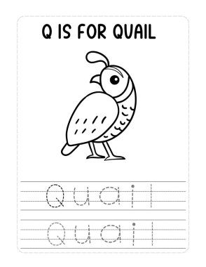 Kafasında Q harfi olan bir kuşun siyah beyaz çizimi. Kuş, sağ alt köşesinde 