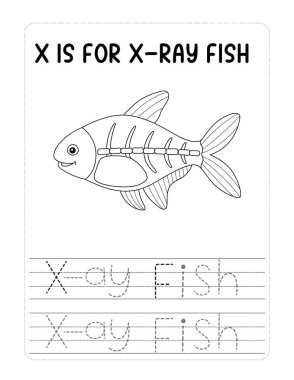 Kafasında X, Y ve Z harfleri olan iskelet bir balık. İskelet balığı çocuklara alfabeyi ve iskelet kavramını öğretmek için eşsiz ve yaratıcı bir yoldur.