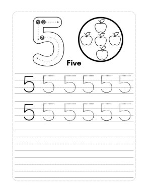 Beş numara bir sayfanın ortasında beş elmanın resmi ile yazılır. Elmalar bir daire şeklinde dizilmiş, bazıları üst üste binmiş.