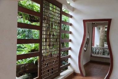 Büyük pencereli ve ahşap kapılı bir oda. Odanın bitkiler ve vazoyla doğal bir havası var.