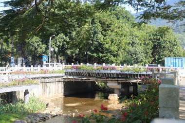 Üzerinde saksı bitkileri olan bir köprü. Bitkiler pembe ve yeşildir. Köprü bir nehrin üzerinde.