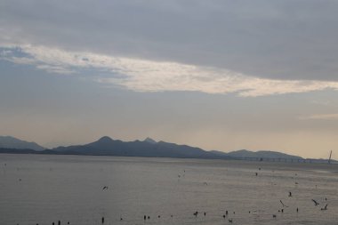 Üzerinde birkaç kuş uçuşan sakin bir su kütlesi. Gökyüzü bulutlu ve güneş batıyor.