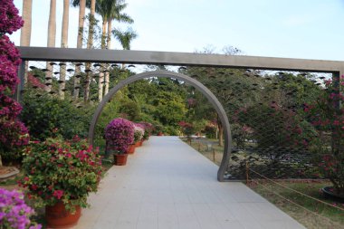 Geniş bir kemer yolu ve bir sıra saksı bitkisi olan bir geçit. Kemer yolu mor çiçeklerle süslenmiş ve bitkiler saksılarda düzenlenmiş. Geçit ağaçlar ve çalılarla çevrili.