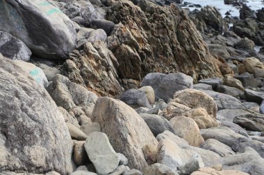 A rocky shoreline with a few large rocks and some smaller ones. The rocks are scattered and there is a lot of space between them clipart