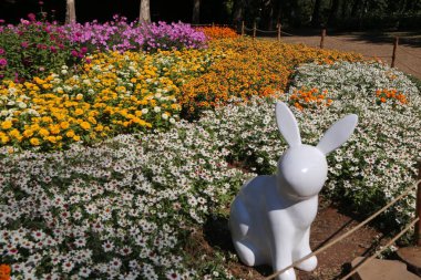 Çiçek tarlasında beyaz bir tavşan heykeli bulunur. Çiçekler çeşitli renklerdedir ve tarlanın dört bir yanına dağılmışlardır. Huzurlu ve huzurlu bir sahne.