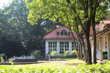 Beyaz çatılı ve kırmızı çatılı bir ev yemyeşil bir bahçenin önünde duruyor. Ev ağaçlarla çevrili ve önünde beyaz bir çit var. Bahçe çok bakımlı.