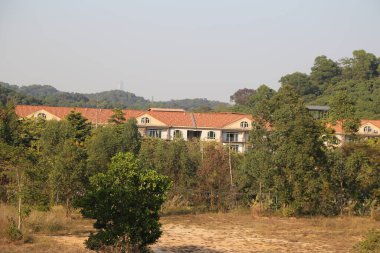 Arkasında bir sürü ağaç olan büyük bir ev. Ev bir ormanla çevrili ve arka planda bir sürü ağaç var.