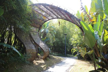 Bambu kemerli ve banklı bir patika. Yedek kulübesi kıvrımlı ve eşsiz bir tasarımı var.