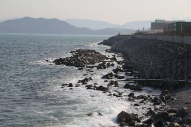Arka planda bir su kütlesi olan kayalık bir kıyı şeridi. Su sakin ve kayalar kıyıya saçılmış.