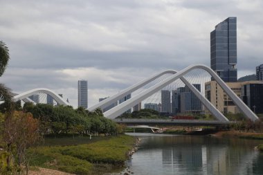 Bir köprü, arka planda yüksek binalar olan bir şehirde bir nehri kapsar. Köprü beyaz ve kırmızı bir şeride sahiptir. Şehir silueti uzaktan görülebilir.