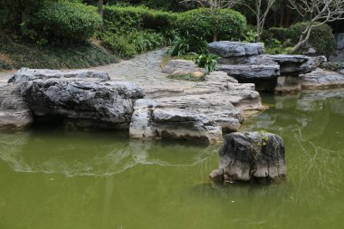 Küçük bir göleti çevreleyen büyük bir kaya duvarı vardır. Gölet yeşil ve sakindir. Kayalar büyük ve gri ve su durgun. Huzurlu ve huzurlu bir sahne.