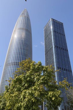 Arasında ağaç olan iki uzun bina. Gökyüzü açık ve mavi. Binalar çok yüksek ve bir sürü pencereleri var.