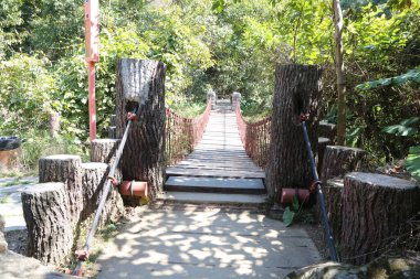 Parkta ağaç gövdelerinden yapılmış eski bir ahşap köprü yer alıyor ve her iki tarafında da ona giden merdivenler var. Her iki uçtaki kırmızı ip güvenlik ve destek için birkaç büyük ağacın etrafına bağlanmış..